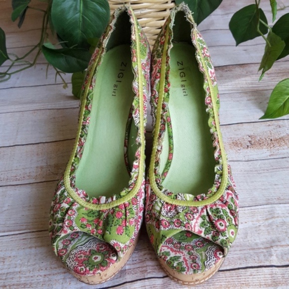 🌸 ZiGi Girl Floral Cork Wedges Peep Toe Size 10 - Picture 2 of 7